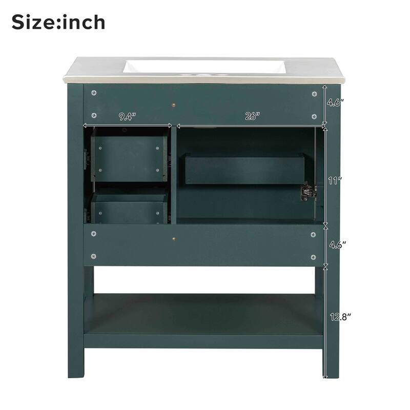 30" Transitional Style Bathroom Vanity Cabinet Combo with Ceramic Sink