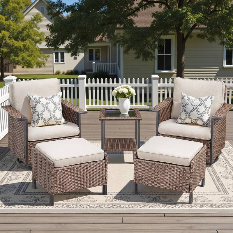 Pocassy Outdoor Wicker Sofa Glider Chair with Ottoman Set - Brown Wicker Beige Cushion - 5-Piece Swivel Chair Table with Ottoman