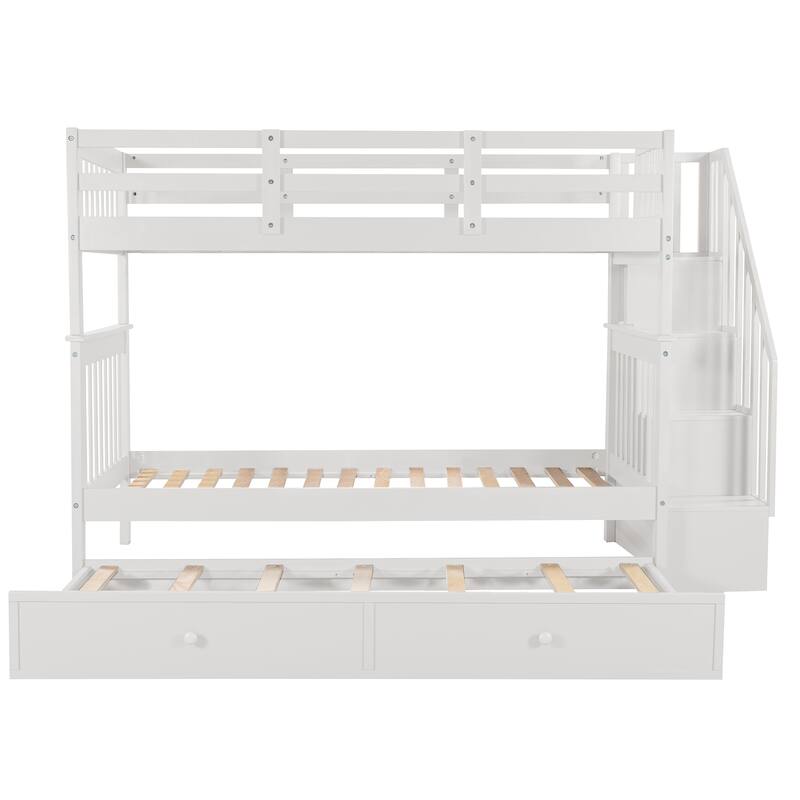 Twin Over Twin Bunk Bed with Trundle, Detachable Wood Triple Bedframe