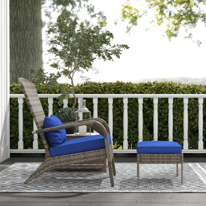 Outdoor Wicker Adirondack Chair with Ottoman, High-Back Lounge Chair with Cushions for Fire Pit, Porch, Patio