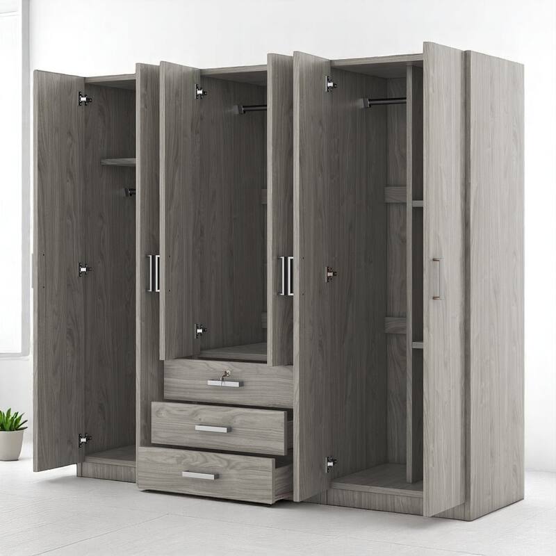 Modern 6-Door Wooden Wardrobe Armoire with Shelves, Drawers, and Locking Storage for Bedroom Use