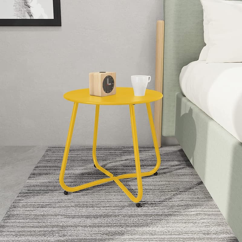 E-Coated Steel Side Table, Weather- Resistant Outdoor 18” Round End Table Accent Table for Bistro Balcony Apartment