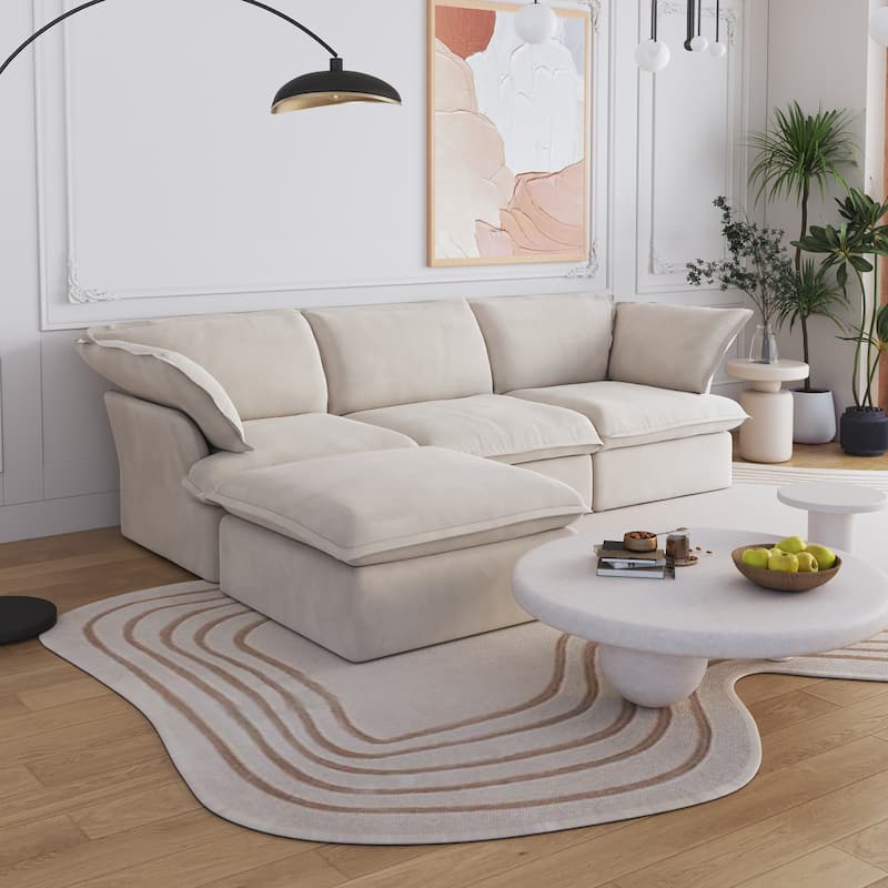 L-shaped Linen Upholstered Sectional Sofa with Ottoman for Living Room