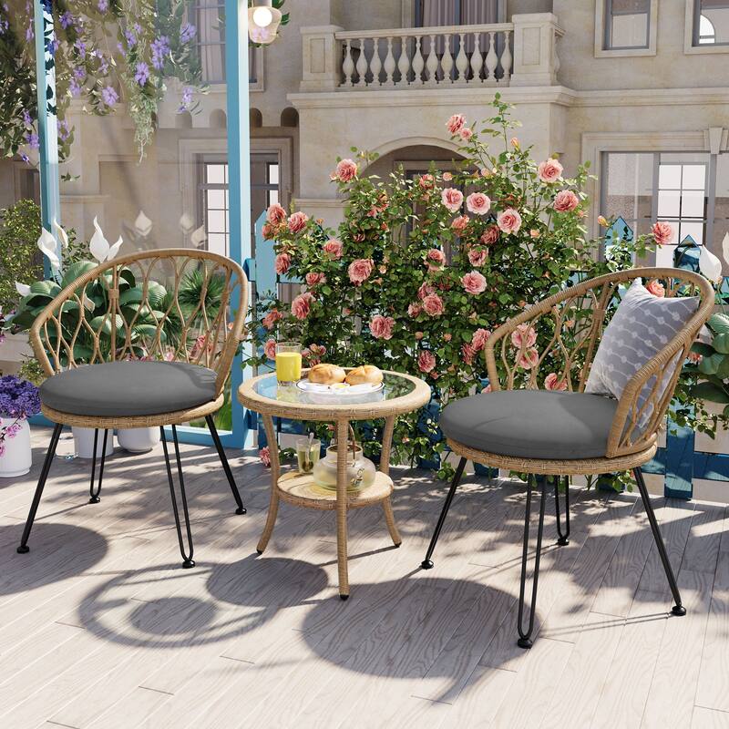 Outdoor Leisure Set, 2 Rattan Single Chairs with 1 Glass Round Table