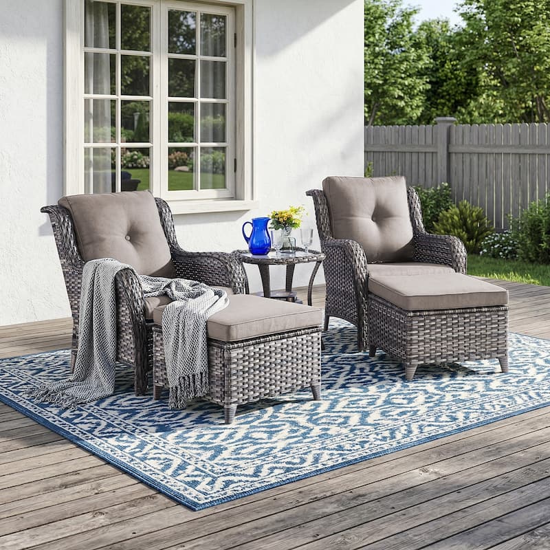 Pocassy Outdoor Patio Wciker Sofa Furniture Set of Chair Table. - Gray Wicker with Gray Cushion - 5-Pieces Patio Chair Ottoman w/ Side Table