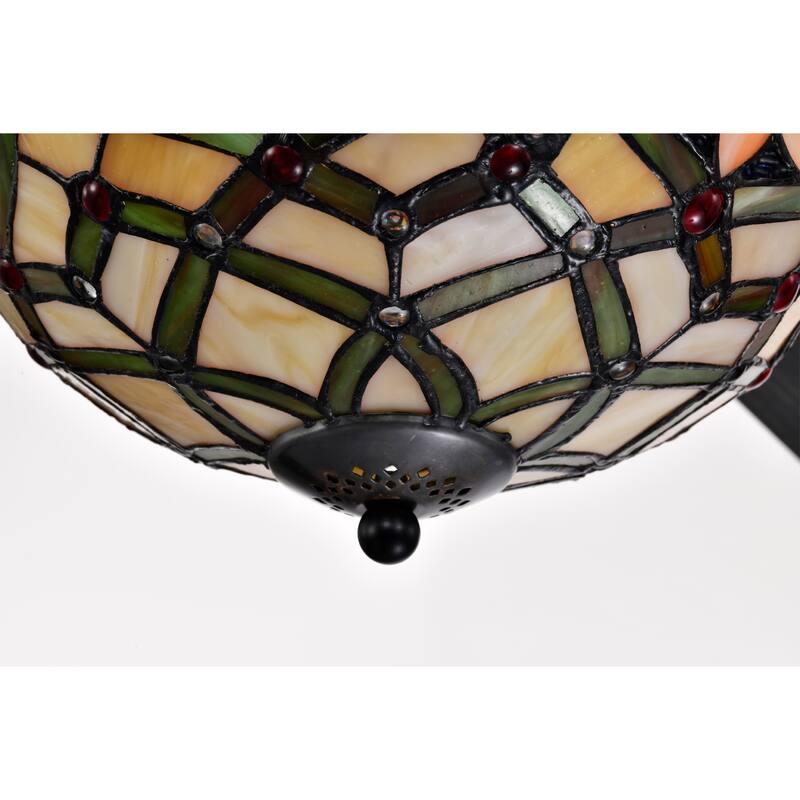 Parponk 52-Inch Flushmount Two-Tiered Lighted Ceiling Fan Green Hatch Tiffany Glass Lamp Black Finish