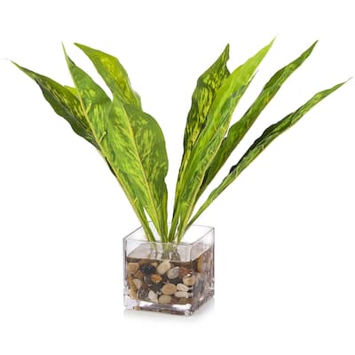 Enova Home Artificial Green Leaves Faux Plants Arrangement in Cube Glass Vase with River Stone Home Office Garden Decór