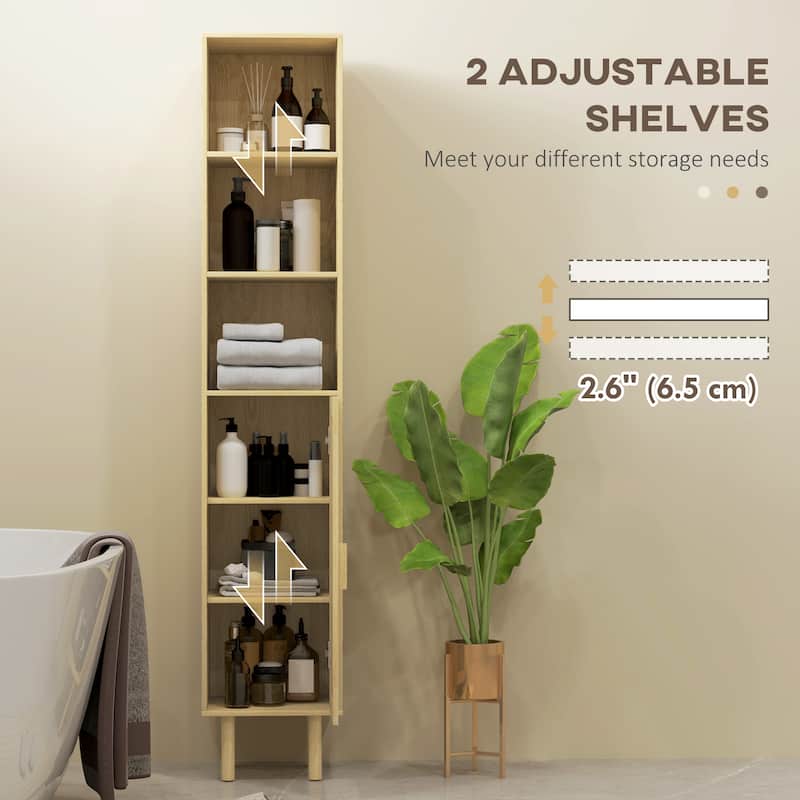 Rattan Bathroom Cabinet with Adjustable Shelf and Open Shelves - 12.6" W x 11.8" D x 66.9" H