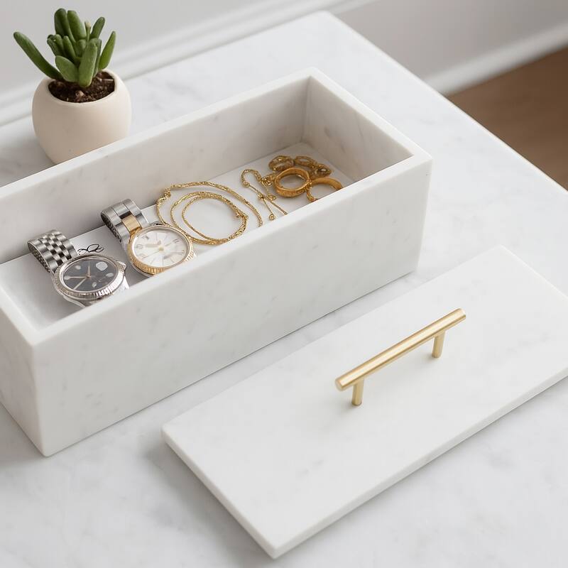 Marble Decorative Box Lidded Container Modern Handle Accent Luxury