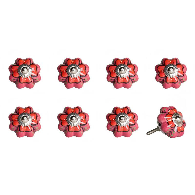 Set of 8 Hand-Painted Ceramic Flower Cabinet Knobs with Screws for Living Room Drawers Furniture - 1.5” x 1.5” x 1.5”