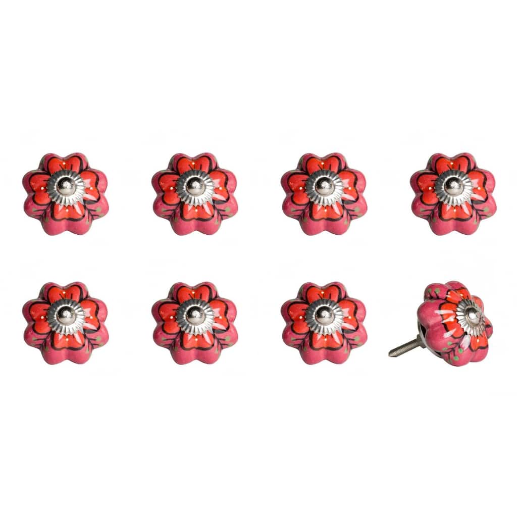 Set of 8 Hand-Painted Ceramic Flower Cabinet Knobs with Screws for Living Room Drawers Furniture - 1.5” x 1.5” x 1.5”