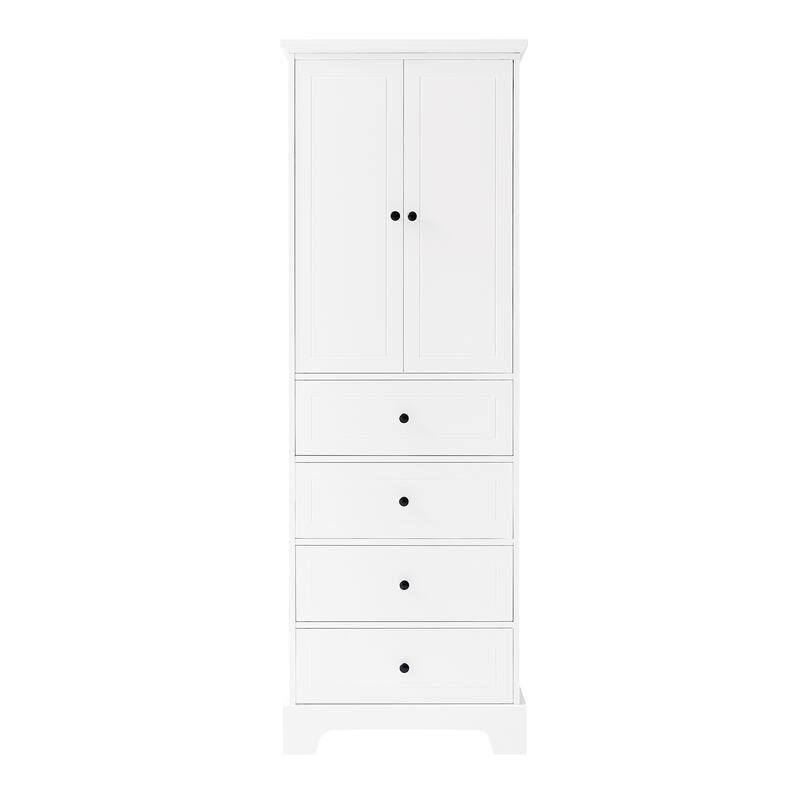 Retro Style Double Door Cabinet with 4 Storage Drawers, Round Metal Knobs and Adjustable Shelves for Bathroom Living Room Office