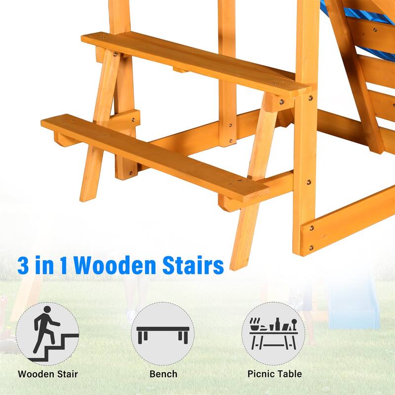 Outdoor 3 in 1 Wood Swing Set with Slide, 2 Swings and Climber