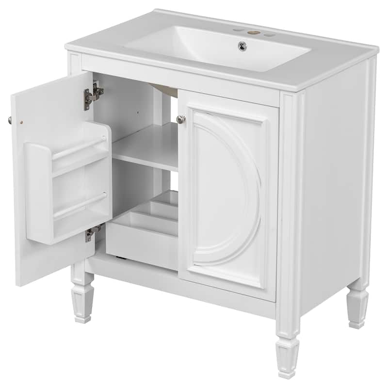 Green 30-Inch Freestanding Vanity with Ceramic Sink, Soft-Close Doors, Adjustable Shelf, and Retro Legs