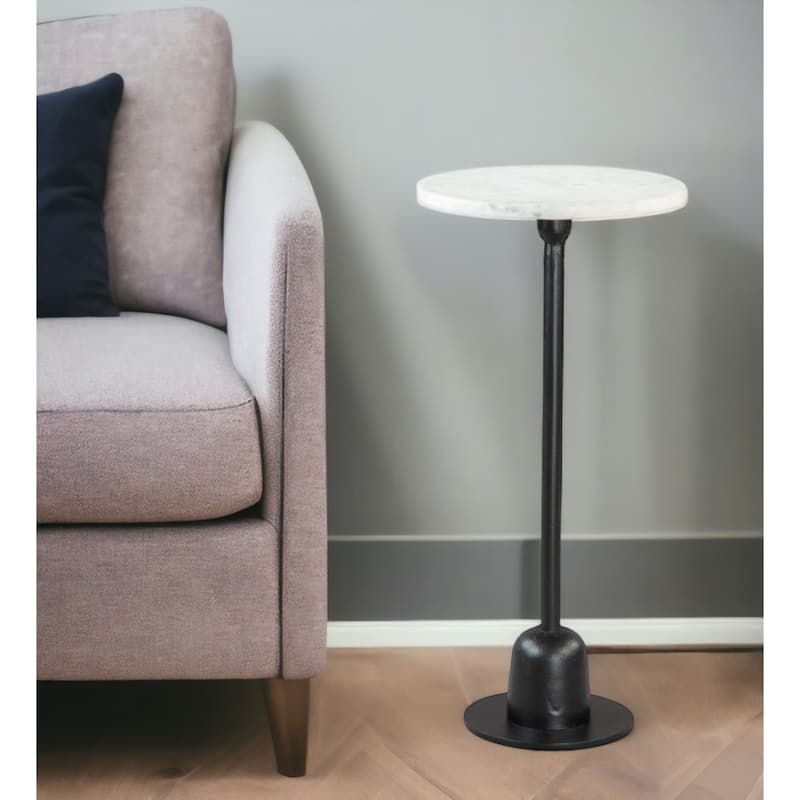 Modern Round Marble Top End Table 25" Tall with Black Aluminum Pedestal Base for Bedroom - 25.2”H x 12”L x 12”W