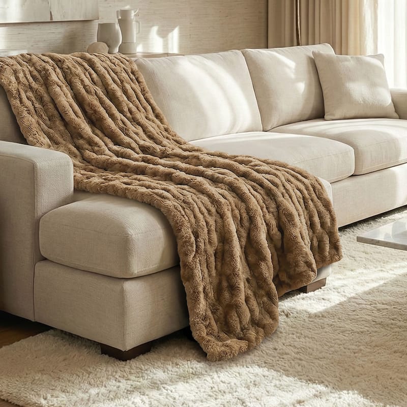 Soft Plush Faux Fur Fuzzy Throw - 50 x 60 in - Latte - Ruched