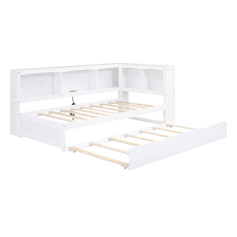 Twin Size Daybed with Trundle, Storage Cabinets and USB Ports, Wood Daybed Frame w/L-Shaped Bookcases, Slats Support