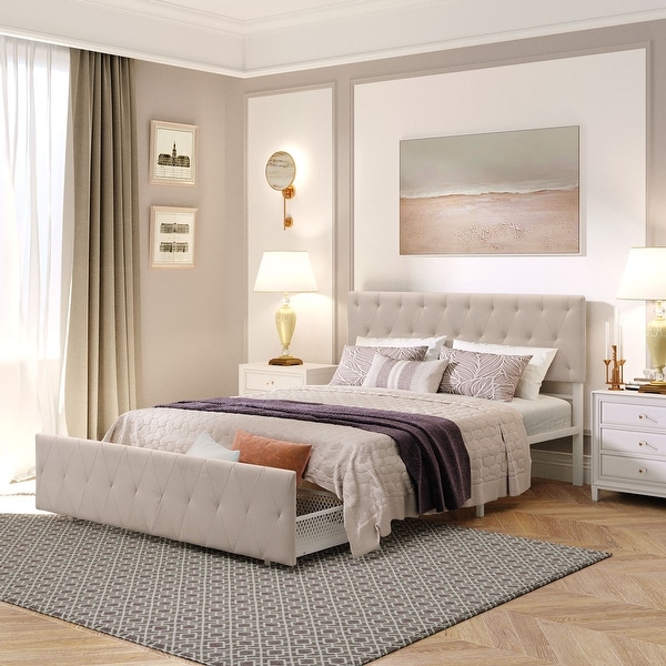 Upholstered queen bed on sale with footboard
