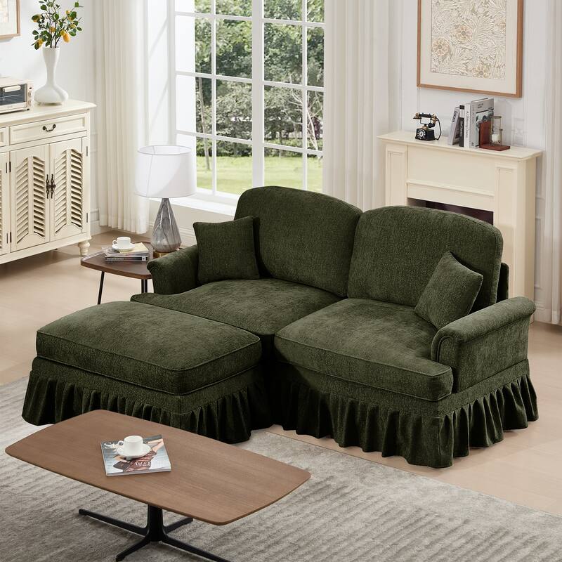 2-Seater L Shaped Sofa Couch, Lounge Sofa with Removable Ruffles Pleats Skirts, Loveseat Sofa with Movable Ottoman