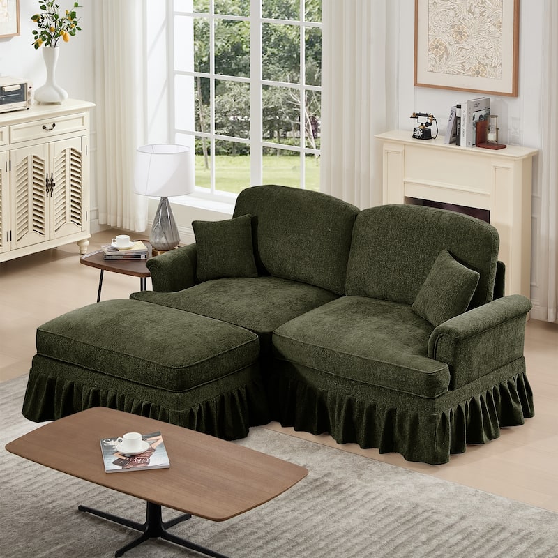 76.4" L Shaped 2-Seat Sectional Sofa, Chenille Couch with Ottoman, Flared Arms Loveseat with Removable Ruffles Pleats Skirts