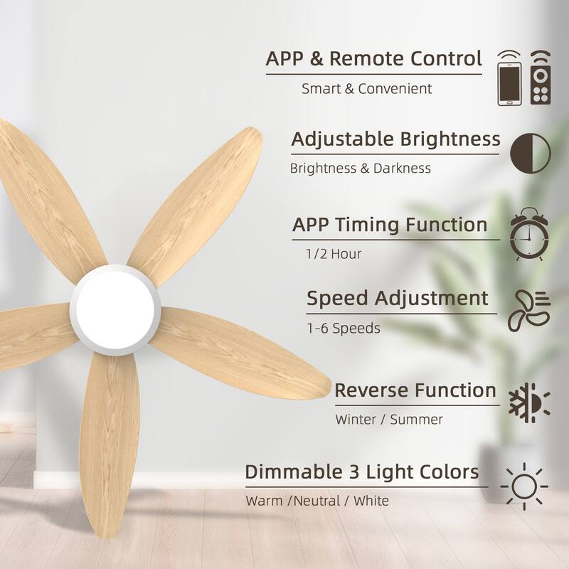 42-inch Wood Grain Finish Blades High Airflow Easy-Install Plug-in ABS Blade Ceiling Fan Light