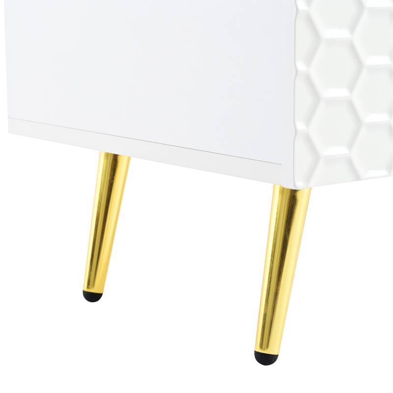 71" Minimalist TV Cabinet with Geometric Honeycomb Pattern - Gold Accents, Cable Management, Storage