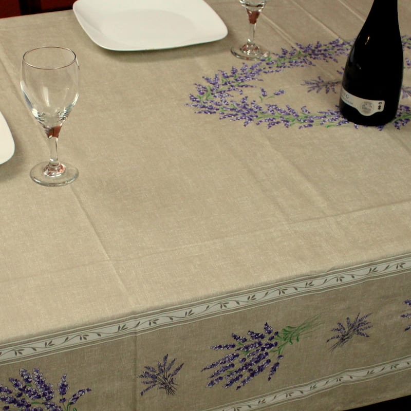 Wipeable Spill Resistant Provencal Cotton Cannes Collection Tablecloth - 60 x 98 in - Taupe Lavender