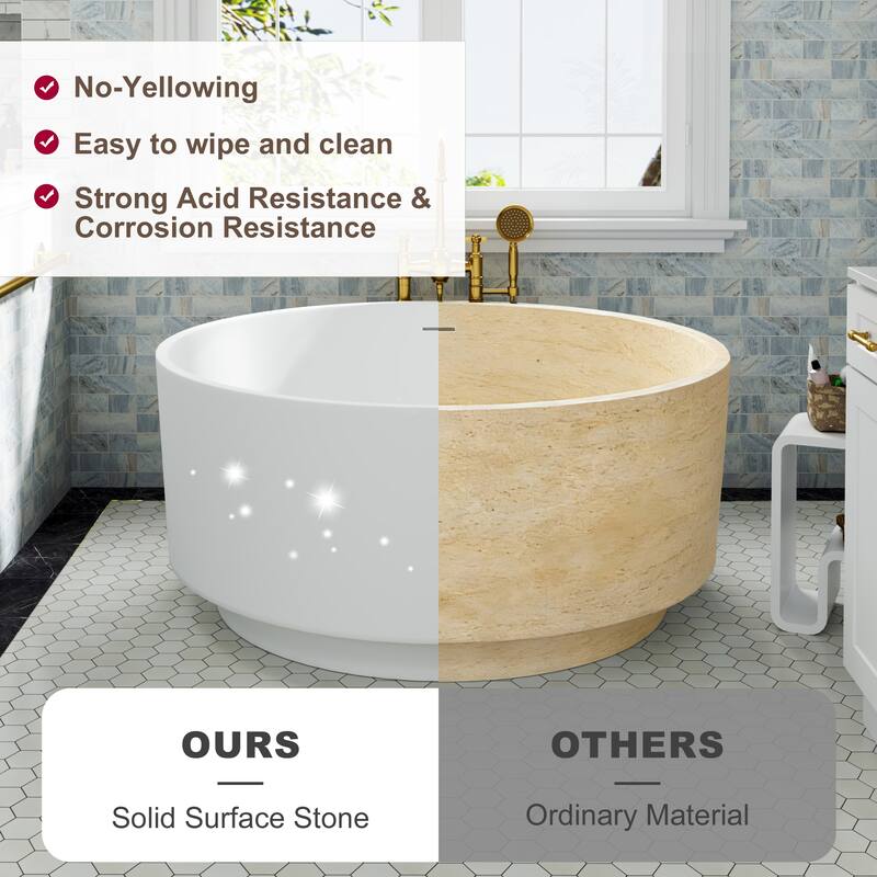 49 in. Freestanding Solid Surface Round Soaking Bathtub in Matte White, Compact Design with Center Drain