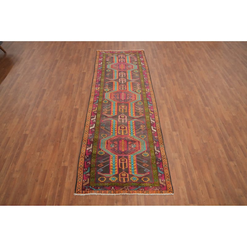 Hand Knotted Oriental 100% Wool Carpet Traditional Tribal Greys & Charcoal Ardebil Runner Rug - 10' 6'' X 3' 8''