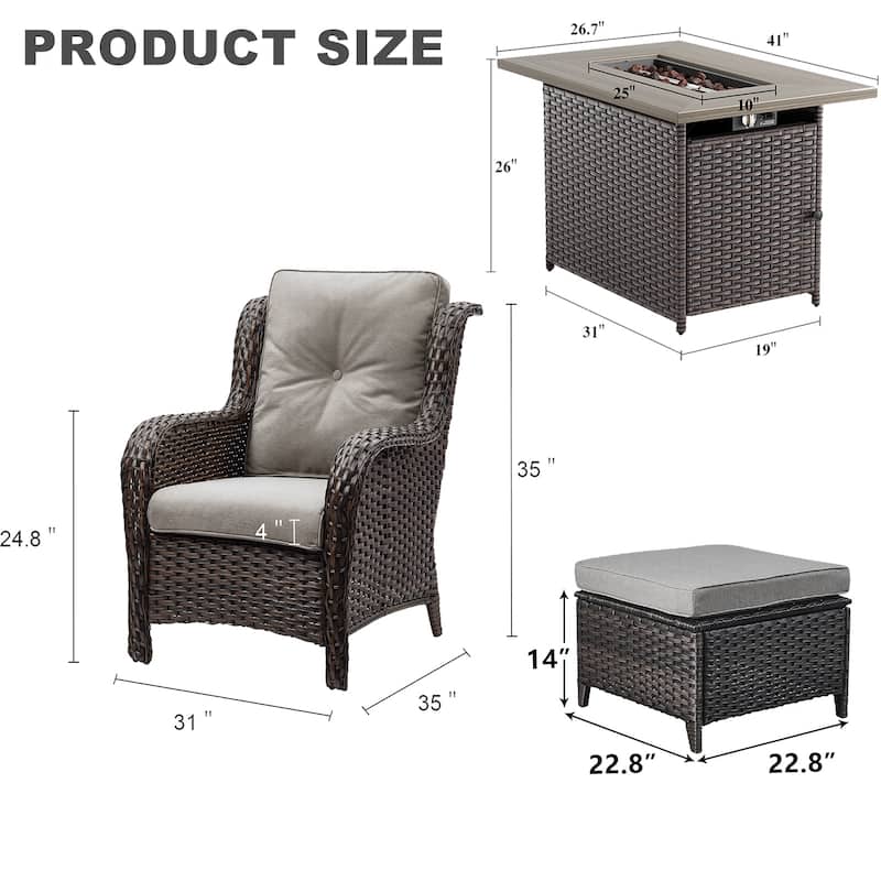 Outdoor Armchair Chair with Fire Pit Table - Brown