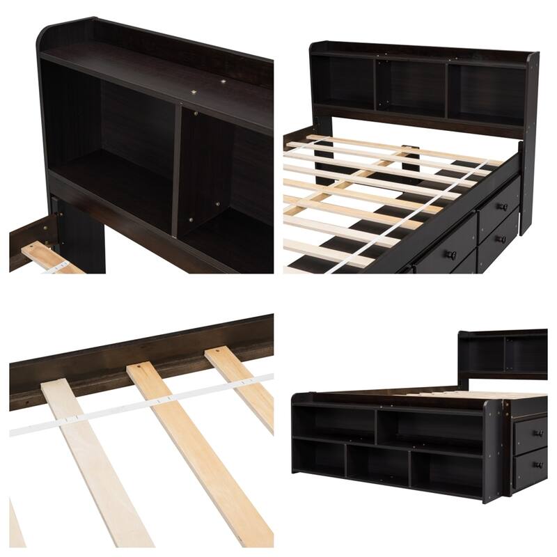 Full Bed with Bookcase Headboard, Under bed Storage Drawers
