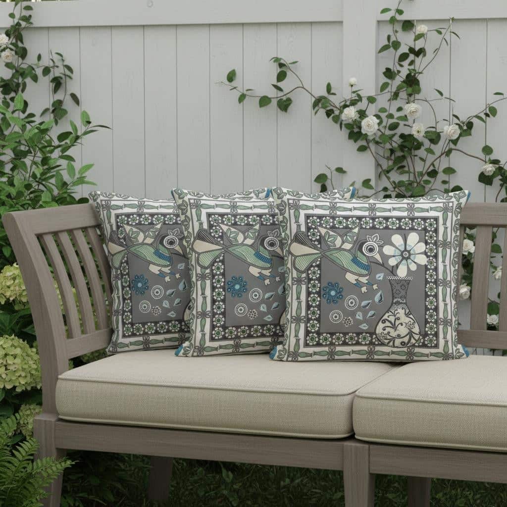HomeRoots Set of Three 16" X 16" Black Gray and White Peacock Blown Seam Floral Indoor Outdoor Throw Pillow