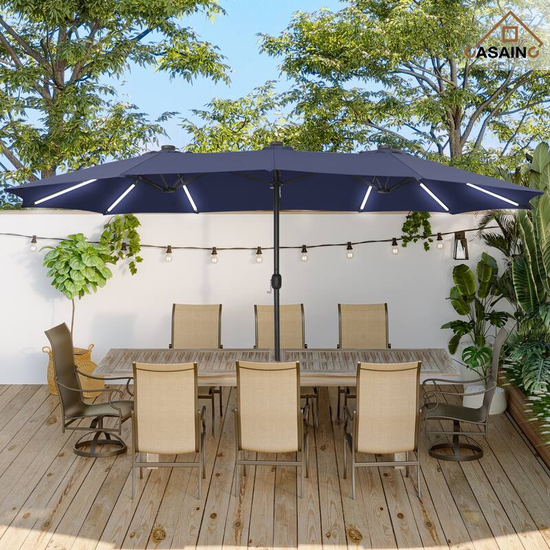 15 ft. Crank Double-sided Solar LED Ultra Lighted Outdoor Market Umbrella with Base Included