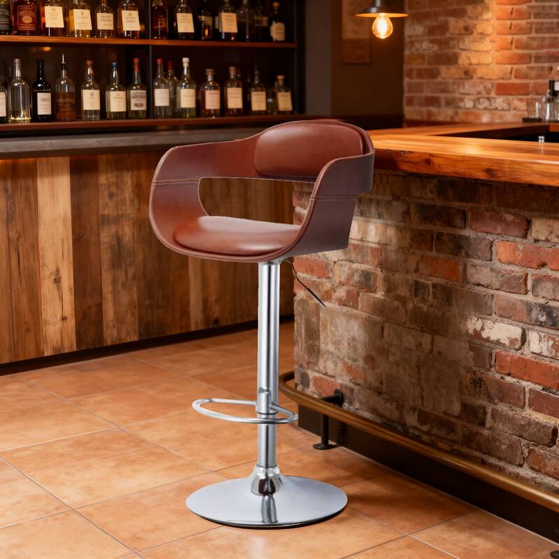 Modern Espresso Upholstered Adjustable Height Swivel Bar Stools with Footrest - 19.29" L x 19.29" W x 33.85-42.13" H