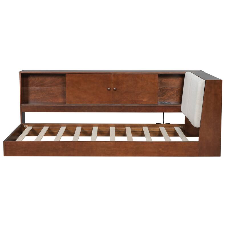 L-shaped Daybed Wooden Corner Sofa Bed Frame with Sliding Doors Bookcase Captains Bed, Upholstered Headboard Built-in Storage