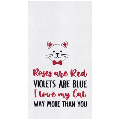 Valentine's Day "I Love My Cat" Whiskers Embroidered Flour Sack Kitchen Dishtowel