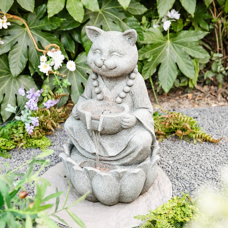 Glitzhome 21.75"H 2-Tiered Zen-Style Polyresin Cat Dog Statue Outdoor Fountain with LED Lights