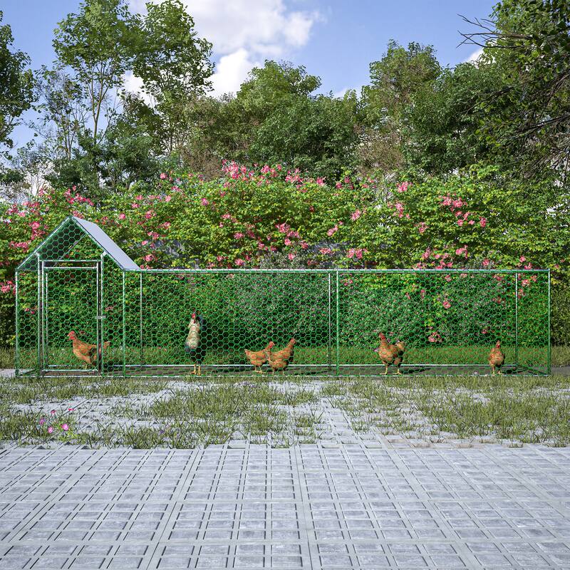 GDFStudio - Leonard Extended Outdoor Metal Chicken Coop with Secure Walk-In Design for Poultry and Small Animals - 16x3FT - Silver