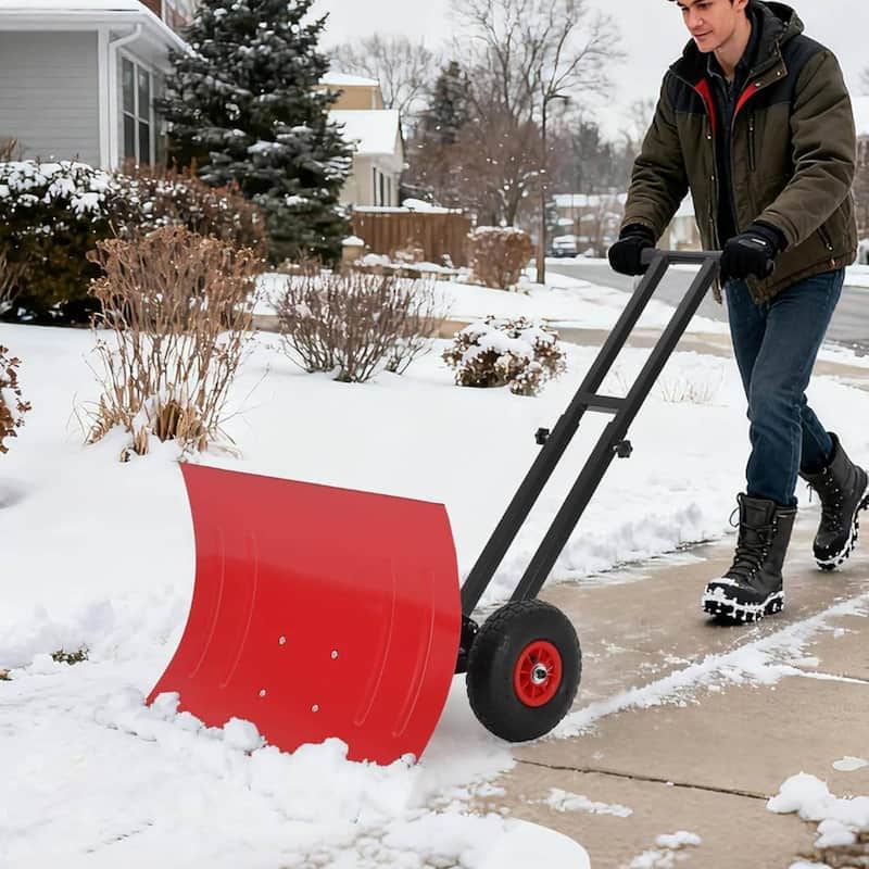 29.13x19.8 in Heavy Duty Rolling Snow Pusher Shovel for Driveway, Doorway, Sidewalk - Red