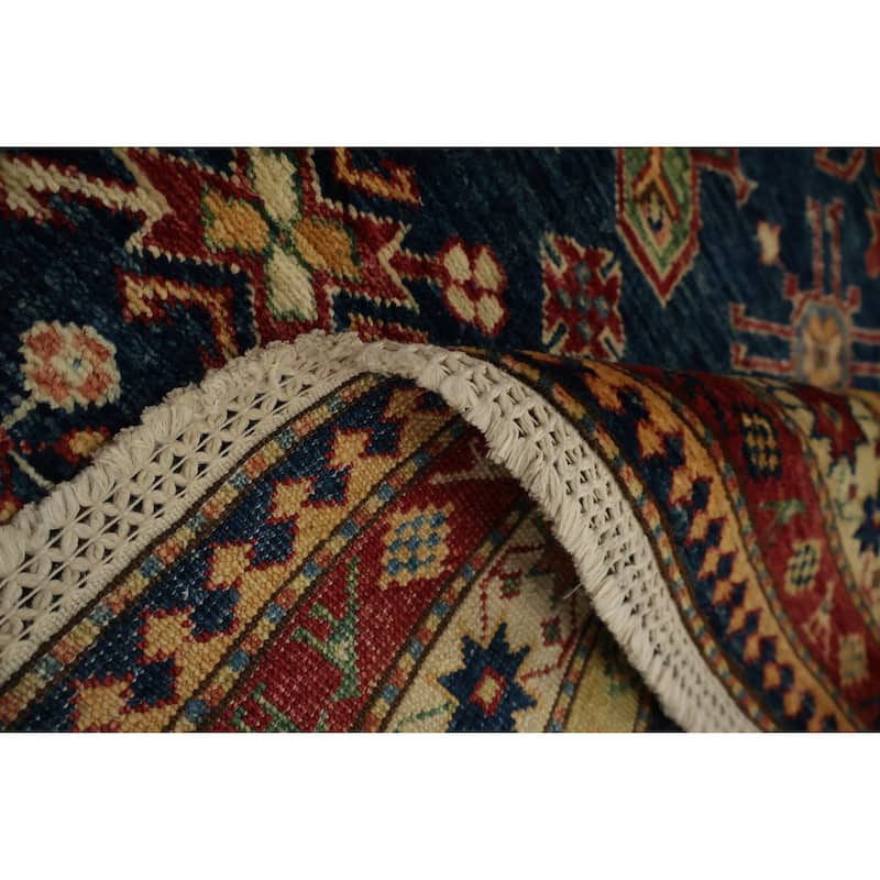 Hand Knotted Oriental 100% Wool Carpet Traditional Geometric Navy Blue & Blues Kazak Area Rug - 6' 0'' X 4' 0''
