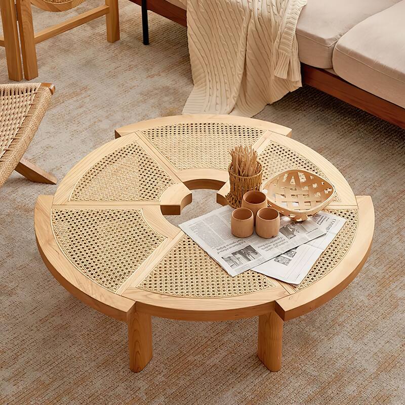 Modern Round Wood Accent Table with Woven Edges - 7'6" x 10'9"