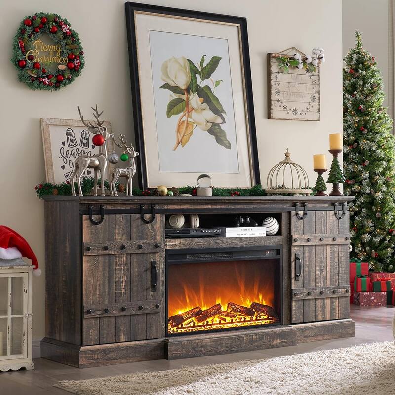 Farmhouse Fireplace TV Stand, Entertainment Center, Media Console - Dark Rustic Oak
