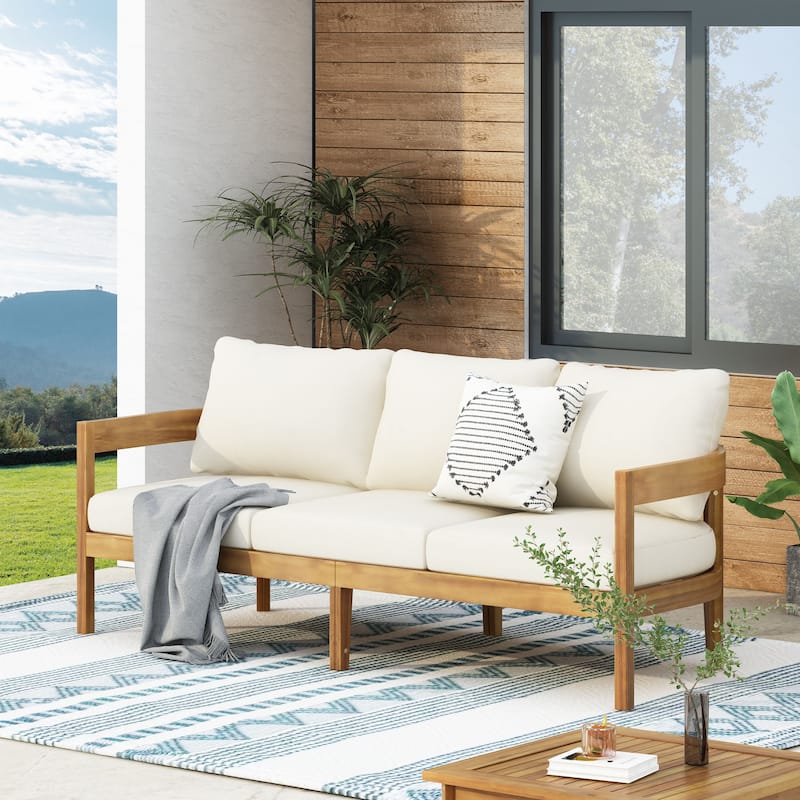 Brooklyn Outdoor Acacia Wood 3-Seater Sofa with Water-Resistant Cushions by Christopher Knight Home - Teak/Beige