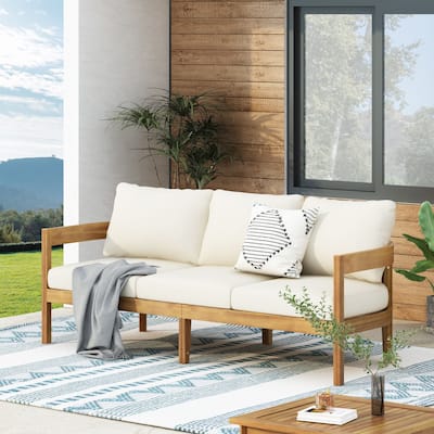 Brooklyn Outdoor Acacia Wood 3-Seater Sofa with Water-Resistant Cushions by Christopher Knight Home