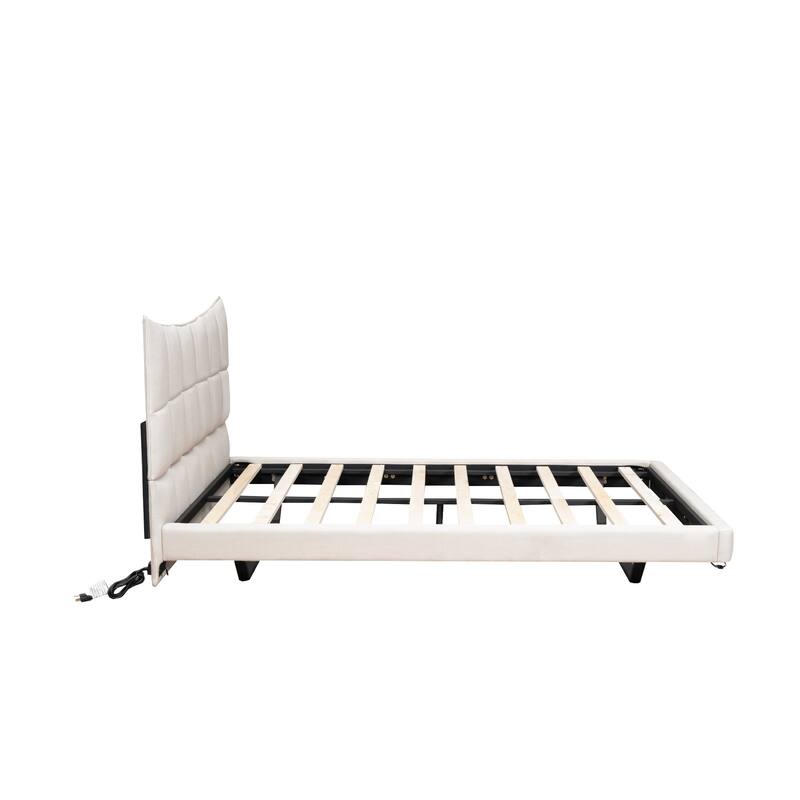 HomeRoots Beige Tufted Upholstered Full Bed Frame With LED Lighting And USB