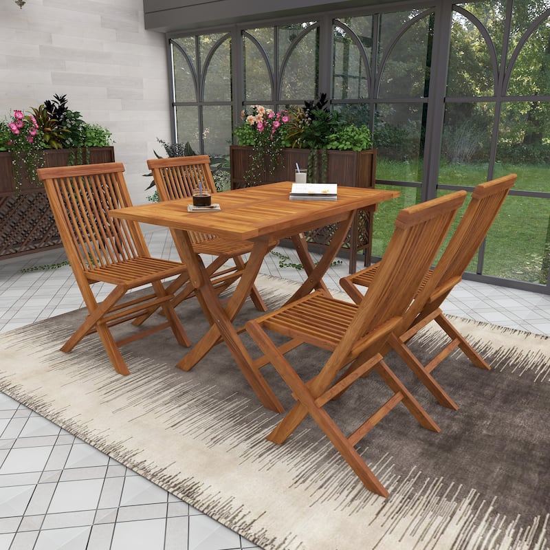 Brown Teak Wood Traditional Indoor/Outdoor Picnic Dining Table Set (Set of 5 Pieces) - S/5 47"W, 31"H (A+B)