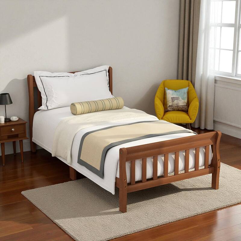 Twin Size Wood Platform Bed with Headboard and Footboard, Sleigh Panel Bed Frame with Wood Slat Support, No Box Spring Needed