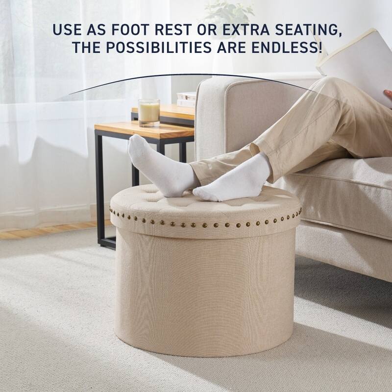 Ornavo Home Decor Large 20" Round Collapsible Storage Ottoman with Nailhead Trim for Living Room and Bedroom