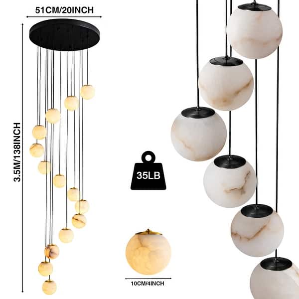 dimension image slide 0 of 2, KAYLA Luxury 14-Light Alabaster Globe Chandelier in Vintage Copper Finish, Grand Pendant Light for Stairwells or Foyers - 138in