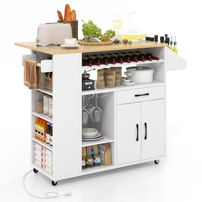 Gymax Drop-Leaf Kitchen Island Cart w/ Power Outlet Wine Rack Glass
